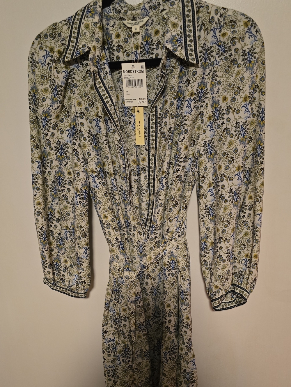 Nordstrom Floral Long-Sleeve Wrap Dress in White, Blue and Green
